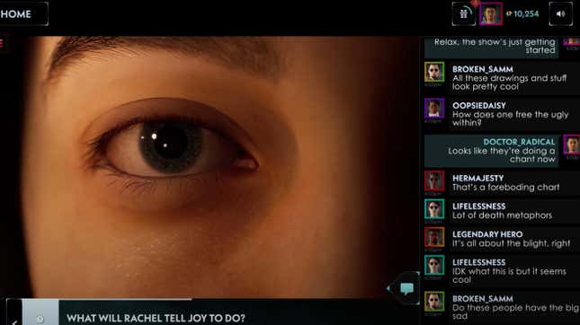 A Silent Hill: Ascension character stares straight ahead next to an active chat overlay.