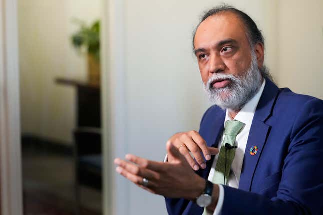 Amandeep Singh Gill, the United Nations tech policy chief, speaks during an interview with The Associated Press, Friday, Sept. 22, 2023, at U.N. headquarters. (AP Photo/Mary Altaffer)