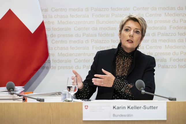 Swiss Federal Councillor Karin Keller-Sutter, speaks during a media conference on the Federal Council&#39;s report on the Too-Big-To-Fail (TBTF) regulation, at the Federal Palace Media Centre in Bern, Switzerland, Wednesday, April 10, 2024. The Swiss government Wednesday announced steps to bolster its “too big to fail” rules aimed at avoiding potentially disastrous fallout from banking sector turmoil after woes last year at Credit Suisse before it was taken over by rival UBS. (Anthony Anex/Keystone via AP)