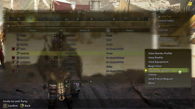 A screenshot shows Monster Hunter Wilds' party search screen with active players.