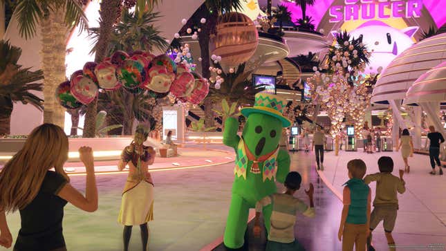 A cactuar mascot waves to passing children as a vendor hands out balloons in the central area of Gold Saucer.