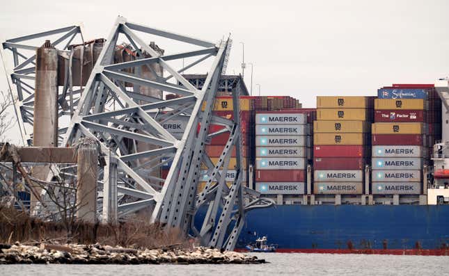 The cargo ship Dali sits in the water after running into and collapsing the Francis Scott Key Bridge on March 26, 2024 in Baltimore, Maryland.