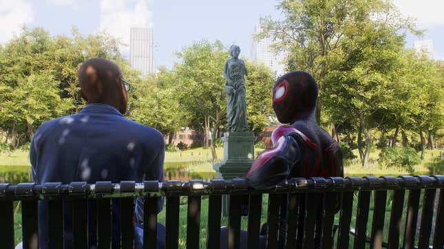 Miles talks to a man on a bench.