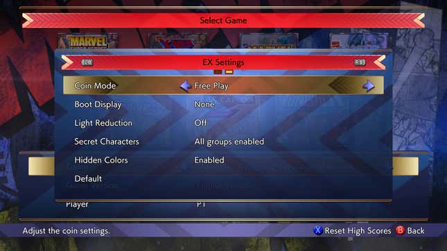 Pengaturan permainan Mode Koin ditampilkan untuk Marvel vs Capcom 2.