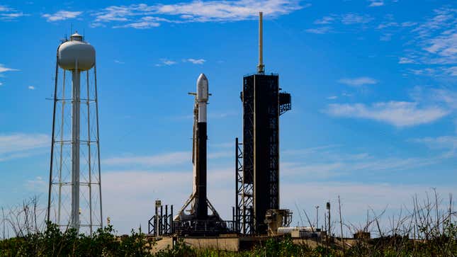The Falcon 9, with the lunar lander aboard and ready to go.