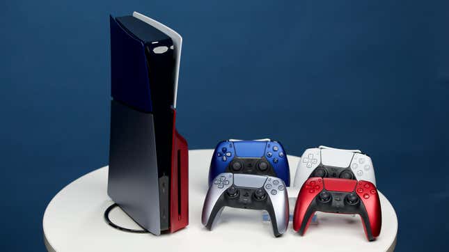 A PlayStation 5 sporting white, red, silver, and blue colors.