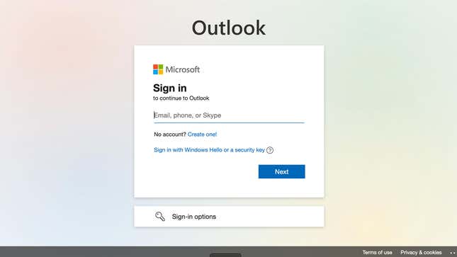 Screenshot of Outlook login page