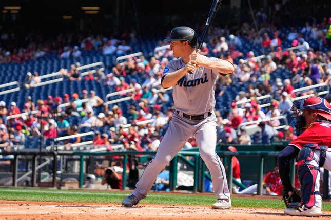 Sep 3, 2023; Washington, District of Columbia, USA;  Miami Marlins shortstop Joey Wendle (18) at bat against the Washington Nationals during the first inning at Nationals Park.