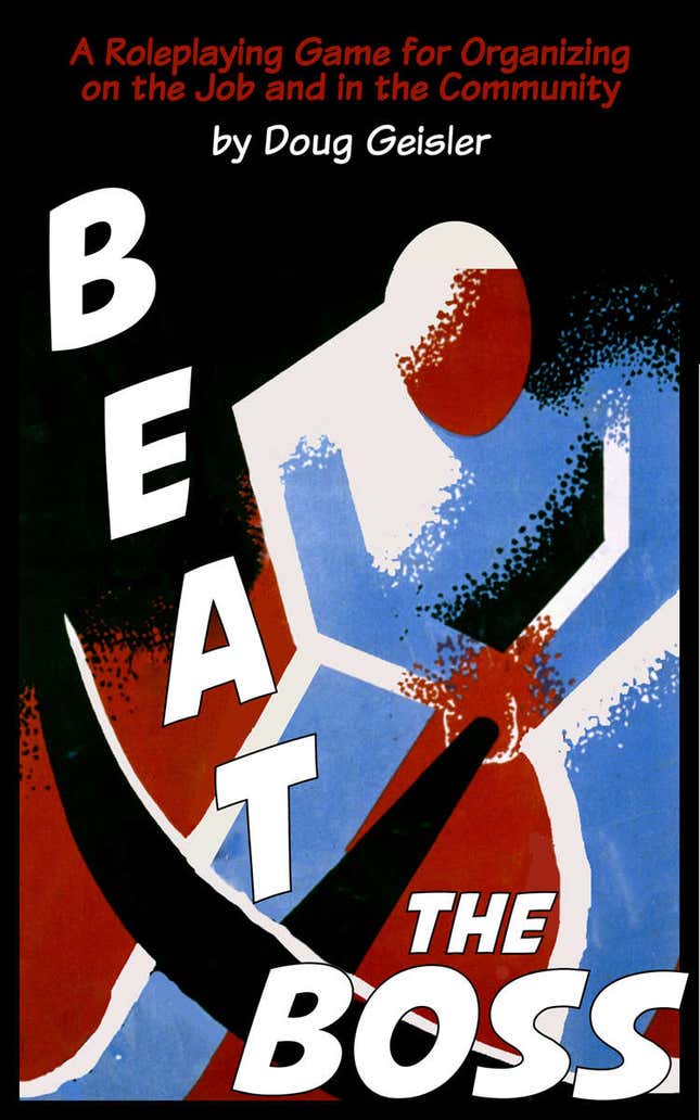 The cover to Beat the Boss featuring a blue cubist man swinging a pickaxe against a red background 