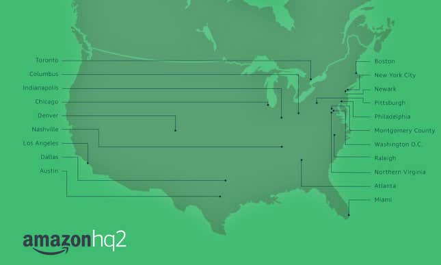 Image for article titled Amazon is thinking about putting HQ2 just about everywhere except Silicon Valley