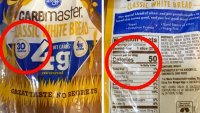 Image provided by the entura County and Santa Barbara County District Attorney’s Offices showing calorie counts on Kroger Carbmaster bread 