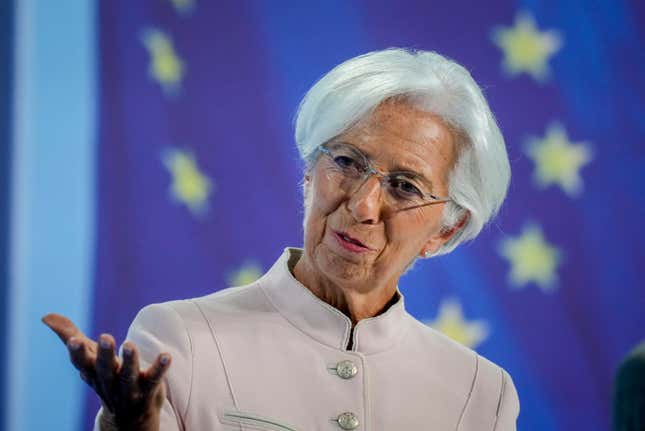 FILE - President of European Central Bank Christine Lagarde speaks at the press conference in Frankfurt, Germany, Thursday, Sept. 14, 2023. The European Central Bank kept its key interest rate at a record high Thursday, Dec. 14, 2023, and said it will leave it there as long as needed to battle back inflation, signaling that cuts are not around the corner despite expectations it will act next year to support the shrinking economy. (AP Photo/Michael Probst, File)