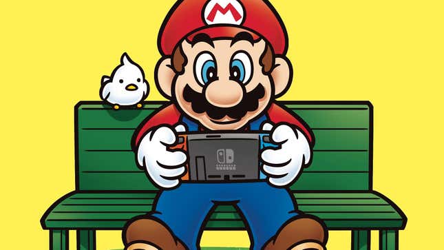 Mario sits on a bench playing Earthbound on his Switch while waiting for Mother 3. 