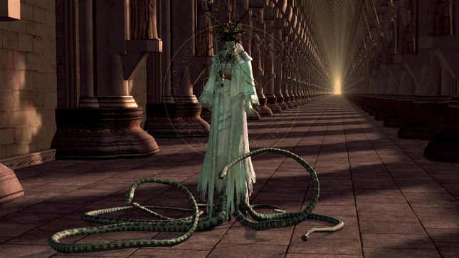 Gwyndolin is seen standing at the end of a long hallway with snakes around her feet.