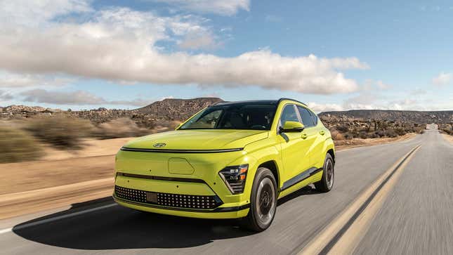 A photo of a lime green Hyundai Kona Electric SE. 