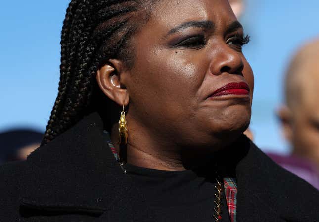 WASHINGTON, DC - DECEMBER 14: U.S. Rep. Cori Bush (D-MO) attends a press conference calling for a ceasefire in the Middle East outside of the U.S. Capitol on December 14, 2023 in Washington, DC. Democratic lawmakers held a press conference with union supporters urging Israel to call for a ceasefire in their war against Hamas