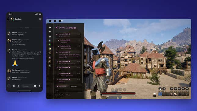 A screenshot shows Discord chat messages in-game. 