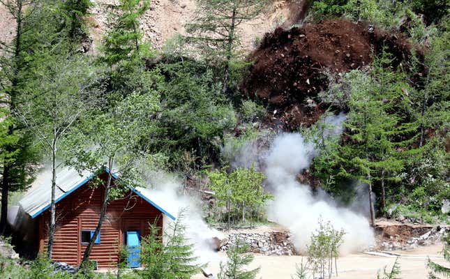 The second tunnel and an observatory of Punggye-ri nuclear test ground are blown up during the dismantlement process in Punggye-ri, North Hamgyong Province, North Korea May 24, 2018. Picture taken May 24, 2018