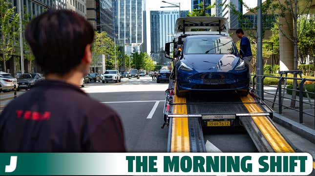 A Tesla Model Y car is being unloaded from a delivery truck on September 1st, 2023 in Seoul, South Korea.