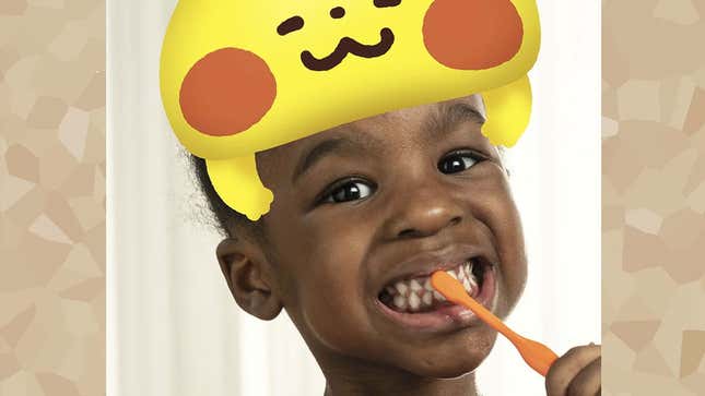 An image from a trailer for Pokemon Smile in which a child brushes their teeth with a digital Pikachu on their head. 