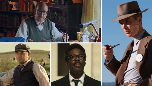 Clockwise from top left: Paul Giamatti in The Holdovers (courtesy Focus Features), Cillian Murphy in Oppenheimer (courtesy Universal Pictures), Colman Domingo in Rustin (courtesy Netflix), Leonardo DiCaprio in Killers Of The Flower Moon (courtesy Apple)