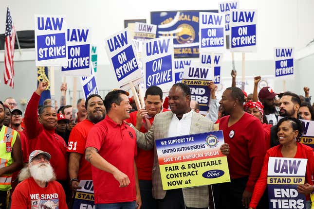 Congressman Jonathan Jackson stands with UAW Local 551 president Chris Pena after recording a solidarity message during a union rally on Sunday, Sept. 17, 2023.