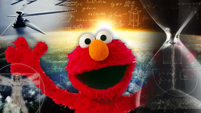 Elmo in front of equations, an hour glass, and other images related to time.