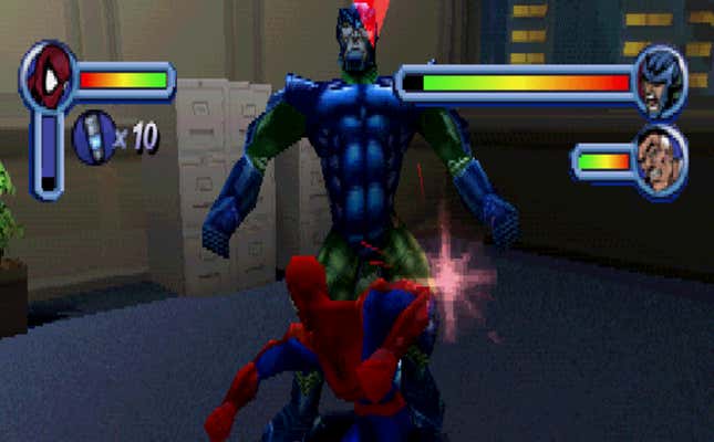 Spider-Man punches a super villain. 