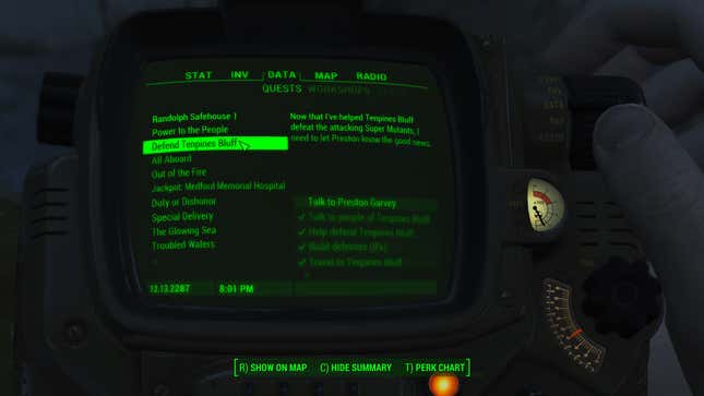 A Pipboy shows several trackable quests.