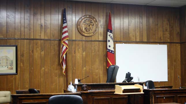 Judge seat in 3rd floor courtroom of the Conway County Courthouse in Morrilton, AR