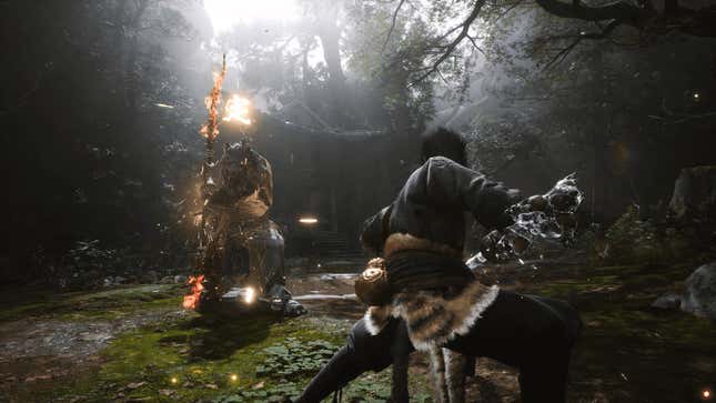 A battle against a fire-stick-wielding bear-thing enemy.