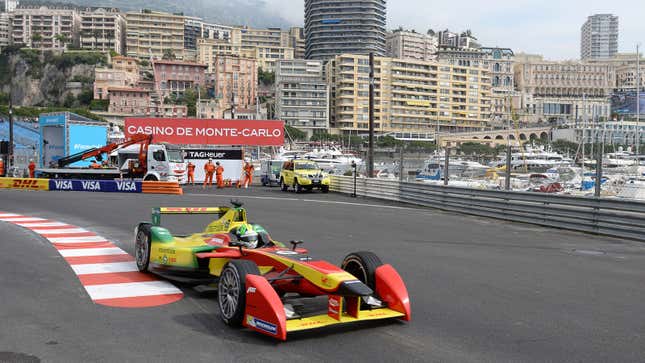 A photo of the first generation Formula E car racing in Monaco. 