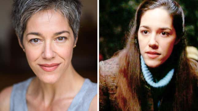 Claire Lautier today, and during her appearance in Elf. (images courtesy Claire Lautier and Warner Bros.)