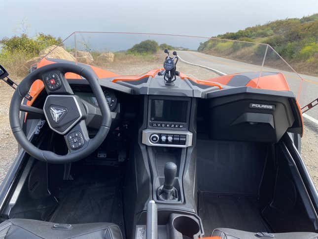 A photo showing the driver's view from the Slingshot