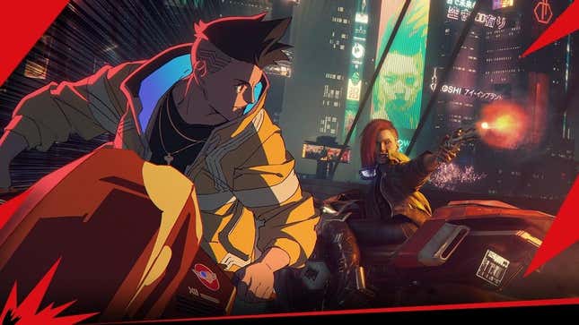 Cyberpunk 2077 and Edgerunner's protagonists race through Night City.