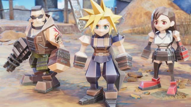 Cloud, Barret, and Tifa appear in the low-poly art style reminscent of the 1997 PS1 game during a Rebirth mini-game.