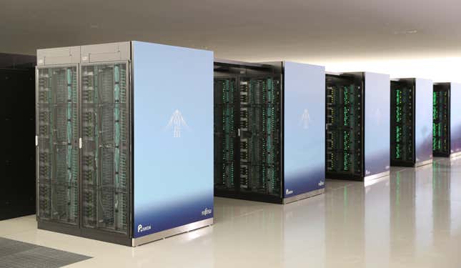 Rows of servers of the Fugaku supercomputer