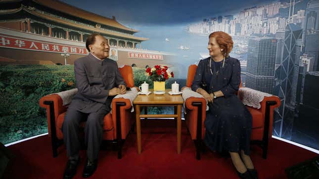 The wax statues setting featuring former British Prime Minister Margaret Thatcher talking with former Chinese leader Deng Xiaoping in the Beijing's Great Hall of the People are on display in an exhibition center in Shenzhen, China Tuesday, April 9, 2013.