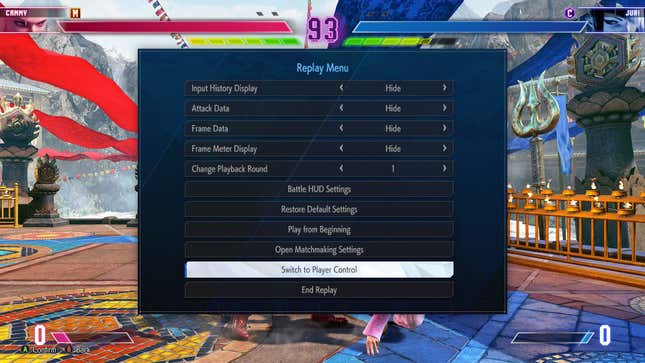 The Replay Menu with the Switch to Player Control option highlighted.