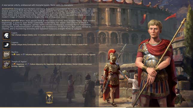 The loading screen for Augustus in Civilization VII, showcasing production boons.