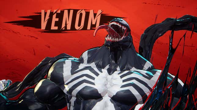 Venom leans back with his tongue hanging out.