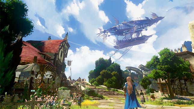 A warrior stands in a village square looking out at an airship. 