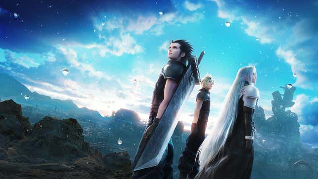 Zack, Cloud, and Sephiroth look up at the sky.