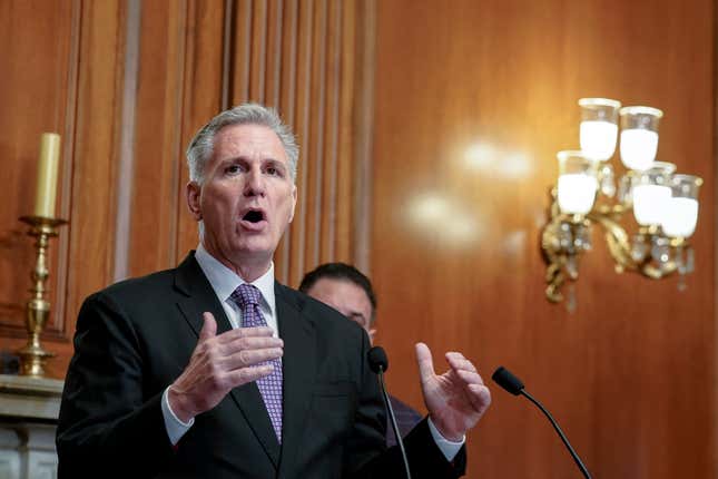 Speaker of the House Kevin McCarthy, R-Calif., speaks to the media about efforts to pass appropriations bills and avert a looming government shutdown, at the Capitol in Washington, Friday, Sept. 29, 2023. (AP Photo/Mariam Zuhaib)