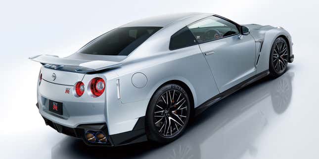 Rear 3/4 view of a silver Nissan GT-R