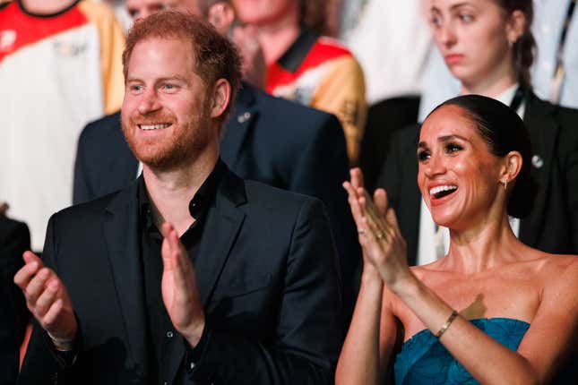 Prince Harry, Duke of Sussex and Meghan, Duchess of Sussex are seen during the closing ceremony of the Invictus Games Düsseldorf 2023 at Merkur Spiel-Arena on September 16, 2023 in Duesseldorf, Germany.