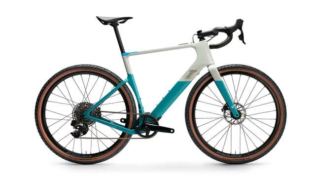 A photo of the cream and teal BMW x 3T electric gravel bike.