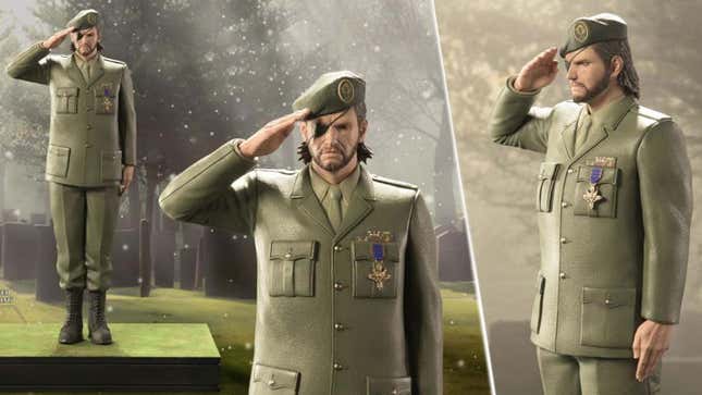 An image shows a statue of Big Boss from MGS3 saluting. 