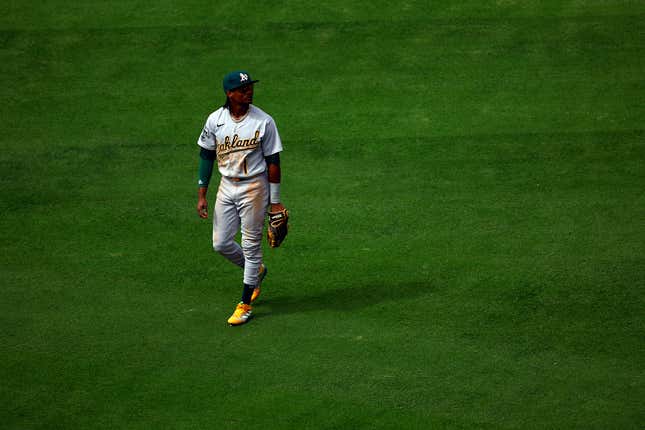 ANAHEIM, CALIFORNIA - OCTOBER 01:  Esteury Ruiz #1 of the Oakland Athletics in the fifth inning at Angel Stadium of Anaheim on October 01, 2023 in Anaheim, California. (Photo by Ronald Martinez/Getty Images)