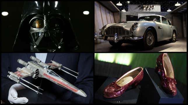 Clockwise from top left: Darth Vader helmet (Photo: MJ Kim/Getty Images); James Bond’s 1964 Aston Martin DB5 (Photo by Oli Scarff/Getty Images); Dorothy’s ruby slippers (Photo: Alex Wong/Getty Images); A model X-Wing fighter (Photo: John Phillips/Getty Images)